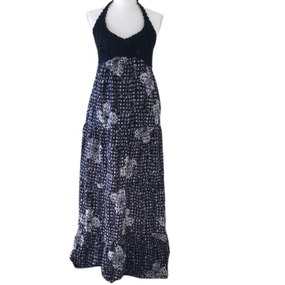 Lucky Brand John Robshaw Maxi Dress Crochet Halter Floral Size Small Blue Boho - Picture 6 of 9